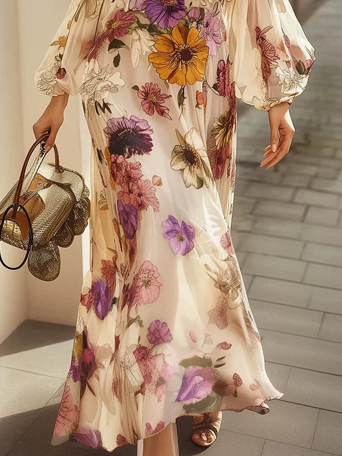 Abito elegante da donna in chiffon a maniche lunghe Moda Primavera Autunno Manica a lanterna Vita con volant Stampa floreale Abiti da festa da donna - immagine 5