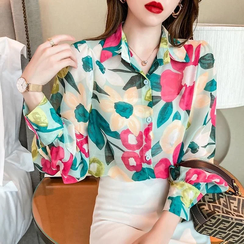 

French vintage floral blouse Women early autumn 2023 loose lantern long-sleeved design feeling small chiffon blouse female tops