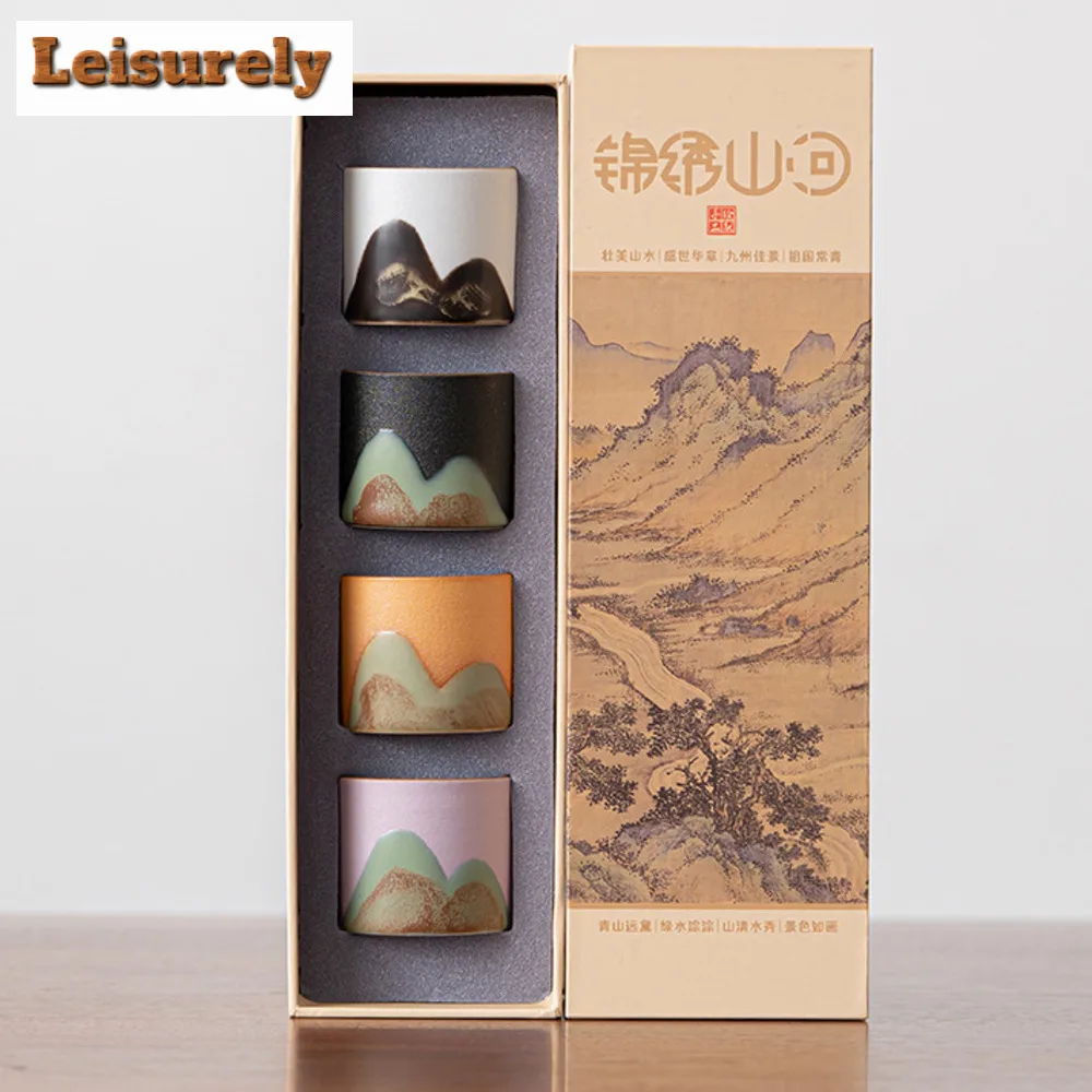 4pc/set Handdrawn Mountain Tea Cup Japanese Coarse Pottery Master Cup Meditation Cup Chazhan Set of Cups Water Jug Gift Box Set