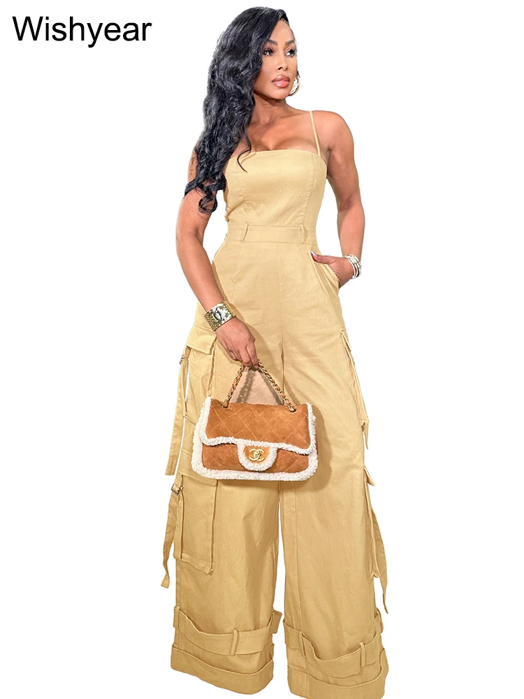 thumbnail image 1 of Mono de pierna ancha con múltiples bolsillos y tirantes finos para mujer, peto de una pieza sin espalda, color caqui, ropa de calle, 1 of 5