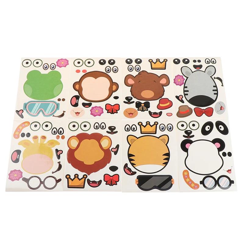 8Sheets/set Kids Funny Puzzle Games Make A Face DIY Animal Jigsaw Stickers Gift 2022 Most Popular Lowest Price | Игрушки и хобби