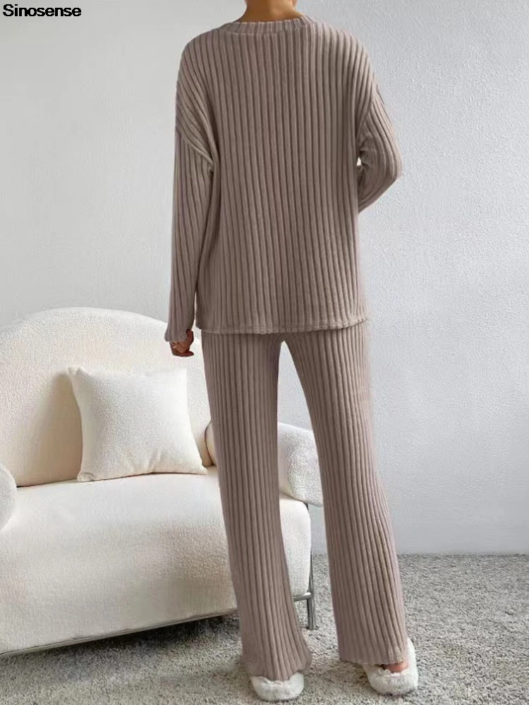 Pyjama/ensemble Décontracté 2 Pièces Pour Femme - Haut Manches Longues Col Rond + Pantalon Taille élastique, Coton Doux