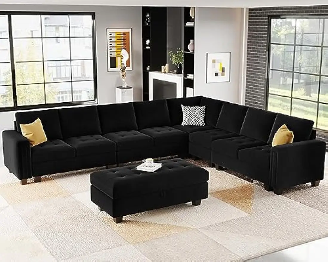 

Oversized Modular Sectional Sofa,L Shaped Sofa Couch Set w/ Storage Ottoman,Corner Convertible Couch w/ Reversible Chaise,Black