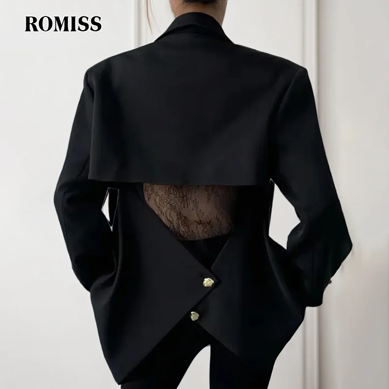 

ROMISS Minimalist Hollow Out Blazer For Women Notched Collar Long Sleeve Spliced Button Solid Temperament Loose Blazers Female