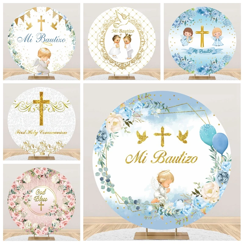 

God Bless Round Backdrop Cover First Holy Communion Christening Baptism Party Decor Mi Bautizo Baby Shower Background Photo