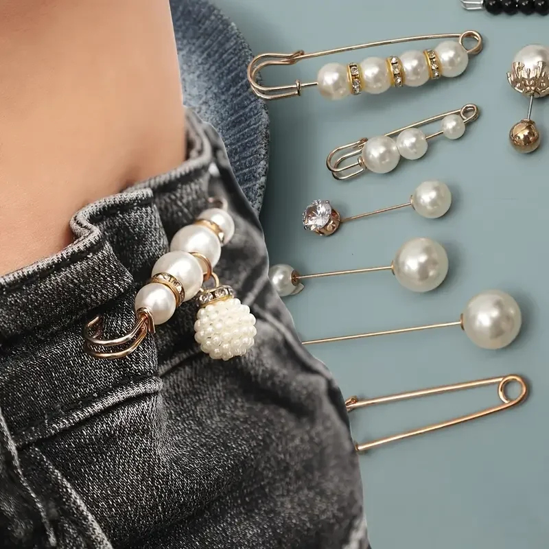 8 Pcs Rhinestone & Faux Pearl Decor Brooch Pin Cute Metal Waist Tightener Elegant Buckle Clothing Accessory
