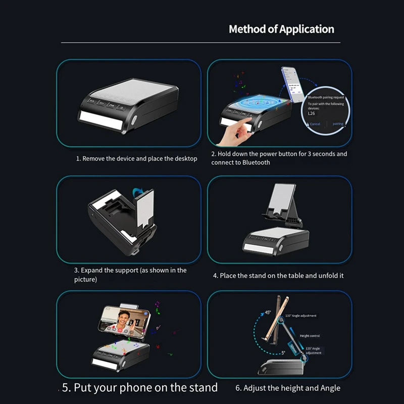 블루투스 스피커가 있는 휴대 전화 거치대, LED 조명 내장 마이크, 휴대용 접이식 휴대 전화 스탠드