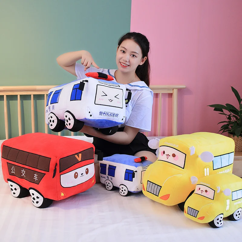 Automobile Plush Pillow Stuffed Firefighter School Bus Policeman Car Cartoon Plushie Soft Cushion Decor Present 2