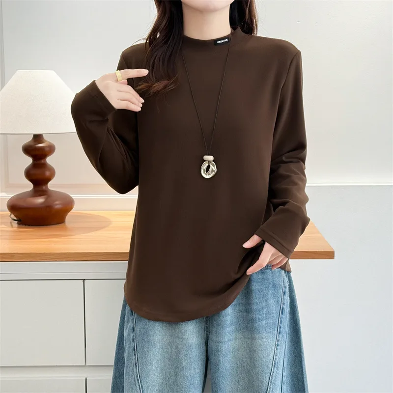 XXXXL Fashion Plus Size Women's T-Shirt Autumn And Winter Style Simple Elegant Long Sleeved Label Fleece Warm Inside Tops 8088