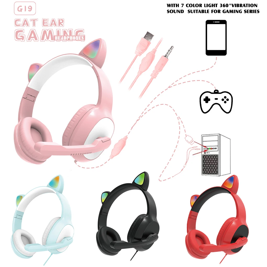 G19 Pink Cat Ear Cute Girl Gaming Headset With Mic Noise Reduction