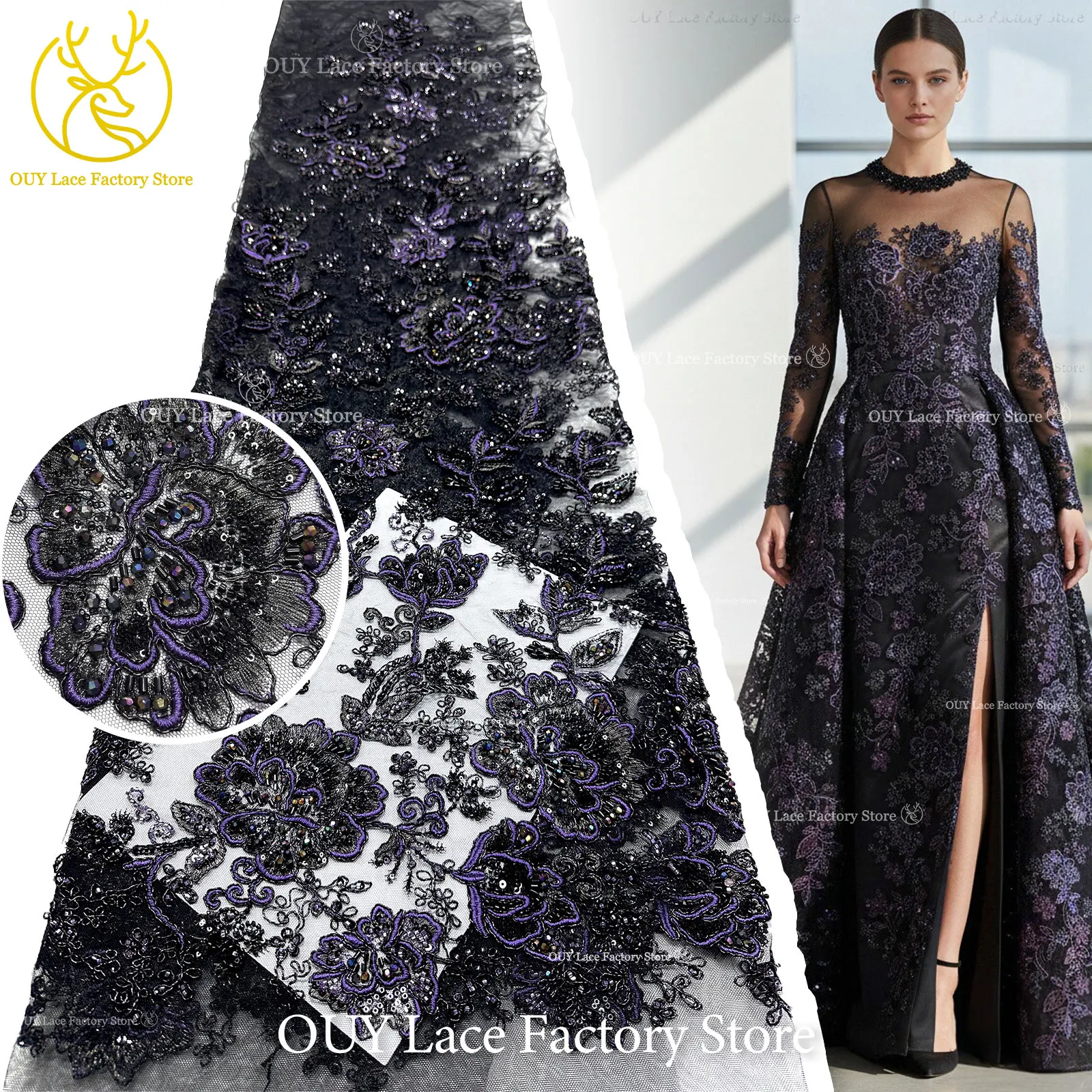 Tessuto in Pizzo Ricamato a Mano di Alta Qualità con Fiori e Perline, Tessuto in Pizzo Africano con Paillettes per Abiti da Sposa