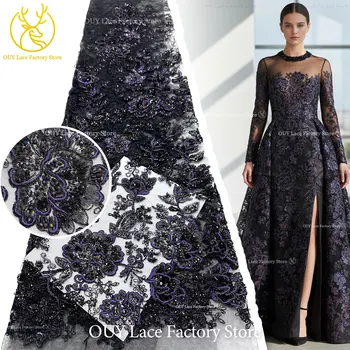 Tessuto in Pizzo Ricamato a Mano di Alta Qualità con Fiori e Perline, Tessuto in Pizzo Africano con Paillettes per Abiti da Sposa