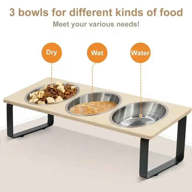 Elevated Cat Bowls - Set of 2/3 stainless steel Pet Food Bowls with Wooden & Metal Stand - 15 degree tilt Cat accessories 3