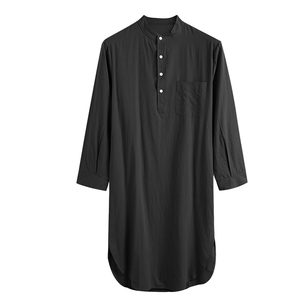 Men's Casual Long Nightgown Robe Solid Color Long Sleeve Night Dress Loose Long Shirt Bathrobe Kaftan Thobe with Pocket Homewear