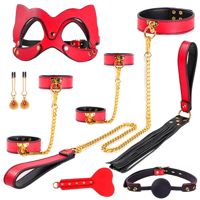 Ensemble de bondage en cuir véritable rouge, kits de jouets