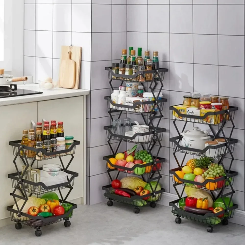 VINAEMO 4-Tier Rolling Kitchen Cart With Wood Top - Stackable Fruit & Veggie Basket Organizer, Spice Rack & Hooks Included