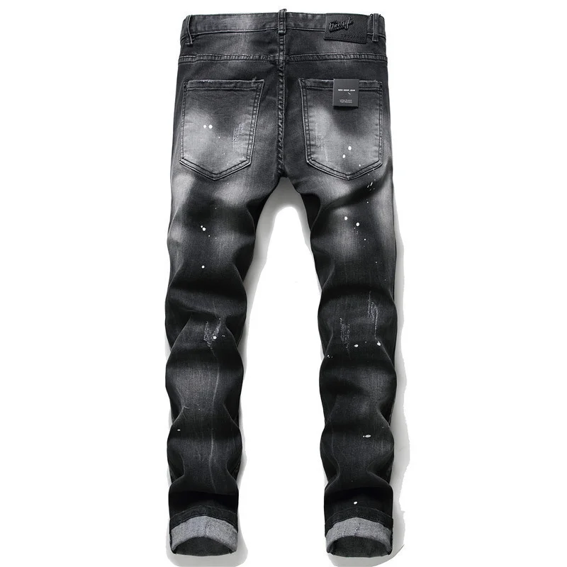 European and American tattered and repainted men's slim fit ripped patch fabric elastic jeans tight beggar pants 2