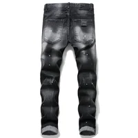 European and American tattered and repainted men's slim fit ripped patch fabric elastic jeans tight beggar pants 2