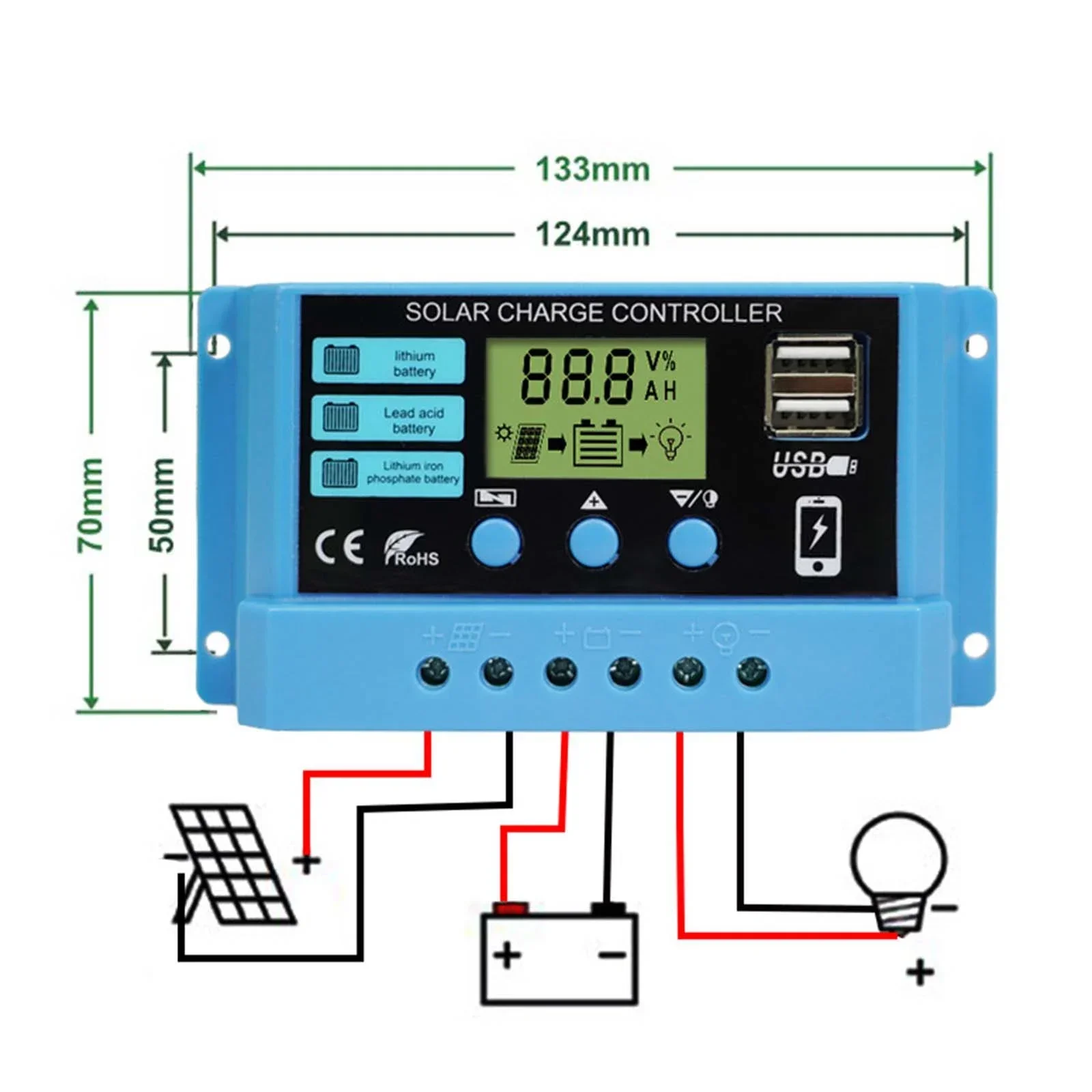 10A 20A 30A Blue PWM Solar Charger Controller 12V 24V Panel Charger Regulator Lifepo4 Lithium Battery 500W Battery Charger Solar Panel Voltage Controller