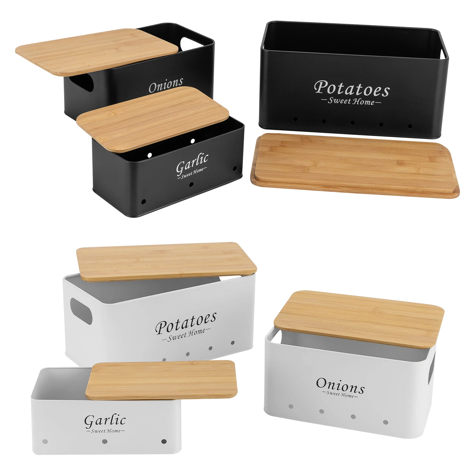 Container-Sets, Aufbewahrungsorganisator für Zwiebeln/Kartoffeln/Knoblauch, 3-teilige Aufbewahrungsbox, Schwarz/Weiß – Detail 4