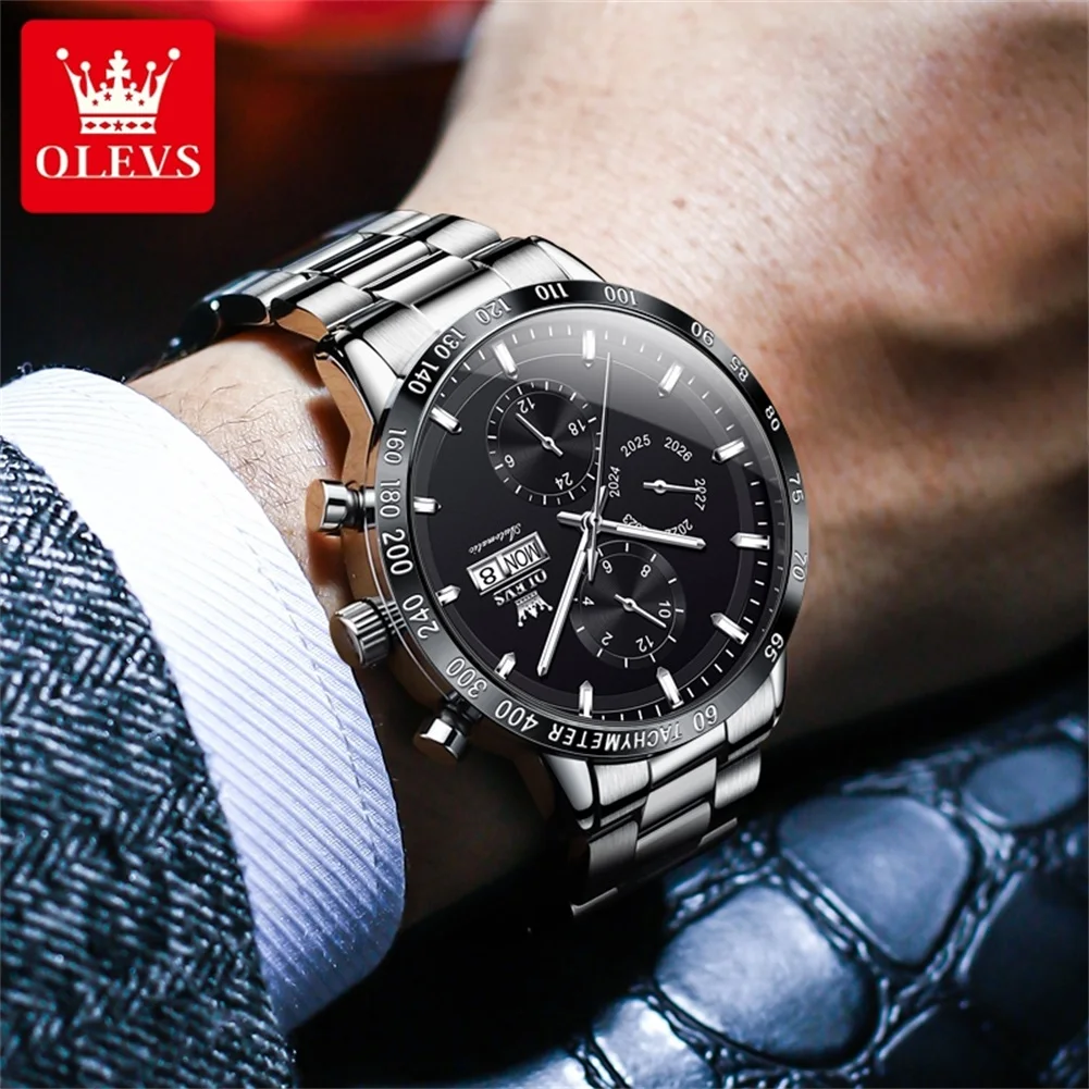 OLEVS-Montre existent Originale pour Homme, Acier Inoxydable Argenté, Semaine Calendrier, Simplicité d'Affaires, Montre Mécanique, 6683