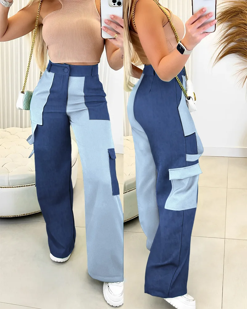

Colorblock Patchwork Wide Leg Cargo Pants Women Summer Spring High Waist Loose Safari Pockets Pants Trousers