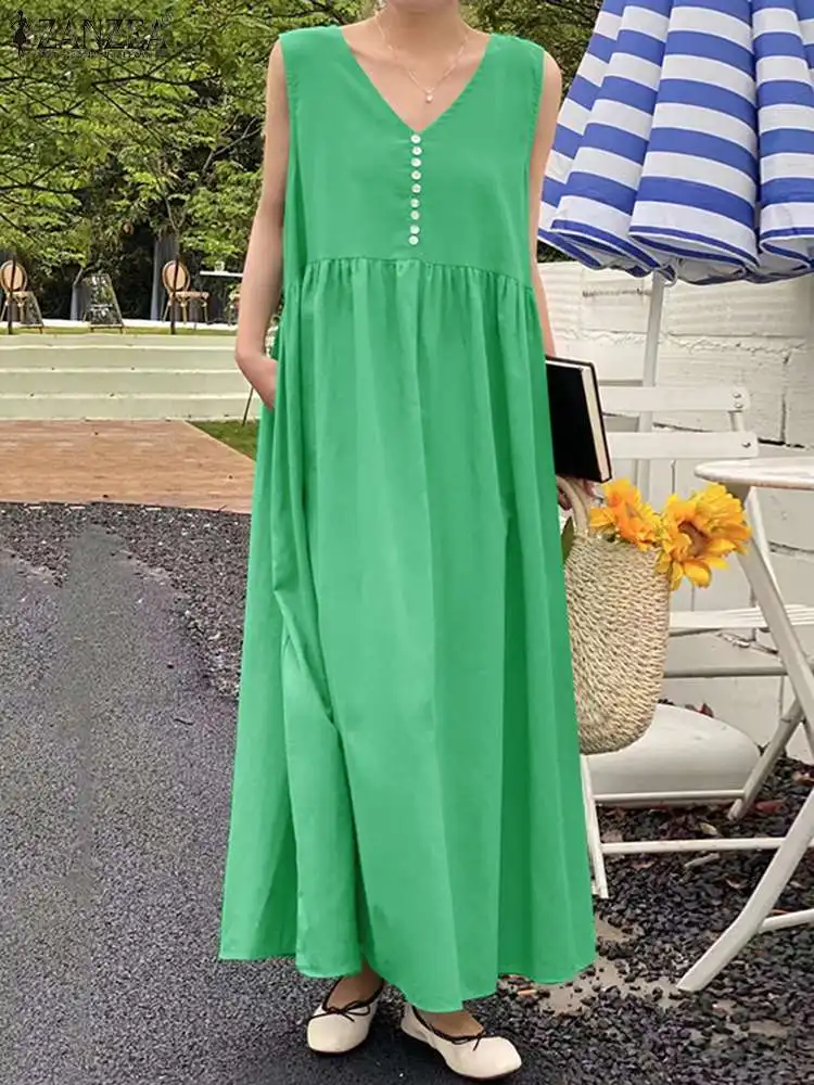 

Модный летний сарафан без рукавов с V-образным вырезом 2023 ZANZEA женское элегантное однотонное платье-трапеция праздничное повседневное пляжное платье женское платье