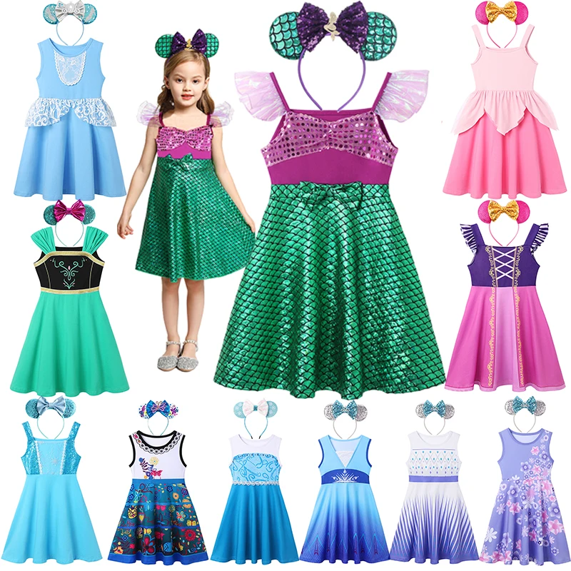 2023 Summer Senza Maniche Girls Little Mermaid Costume Frozen Elsa Mirabel Ella Anna Cenerentola Jasmine Cosplay Princess Dress
