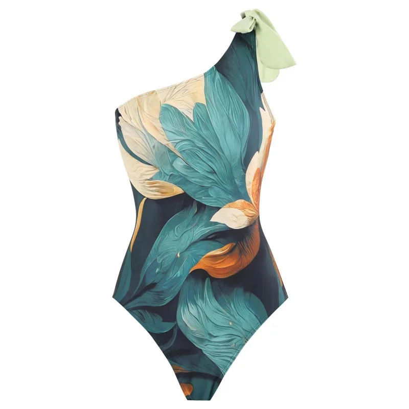 2024New Retro One-Piece Swimsuit Sexy One-Shoulder Swimsuit Printed Beach Skirt Set Wholesale