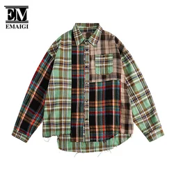 Autumn Shirts Men Japanese Streetwear Fashion Irregular Hem Splice Plaid Long Sleeve Oversized Shirts Women Cardigan Blouses