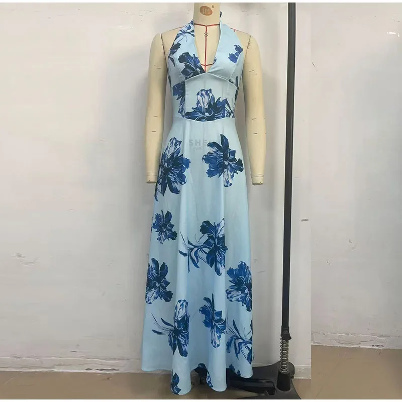 Damen-Maxikleid mit Blumendruck, Neckholder, tiefem V-Ausschnitt, ärmellos, hohe Taille, Schnürkleider, lässig, für den Urlaub, Strand, Streetwear – Detail 25