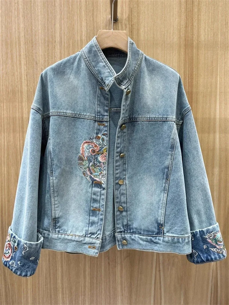 Chinese Style Embroidered Stand Up Collar Denim Jacket For Women Spring 2025 New Single Breasted Loose Fashion Autumn jacket Sho