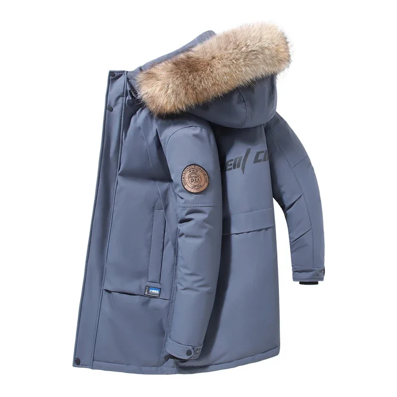 Men's Long Down Jacket Winter 90% White Duck Down Wool Collar Hooded