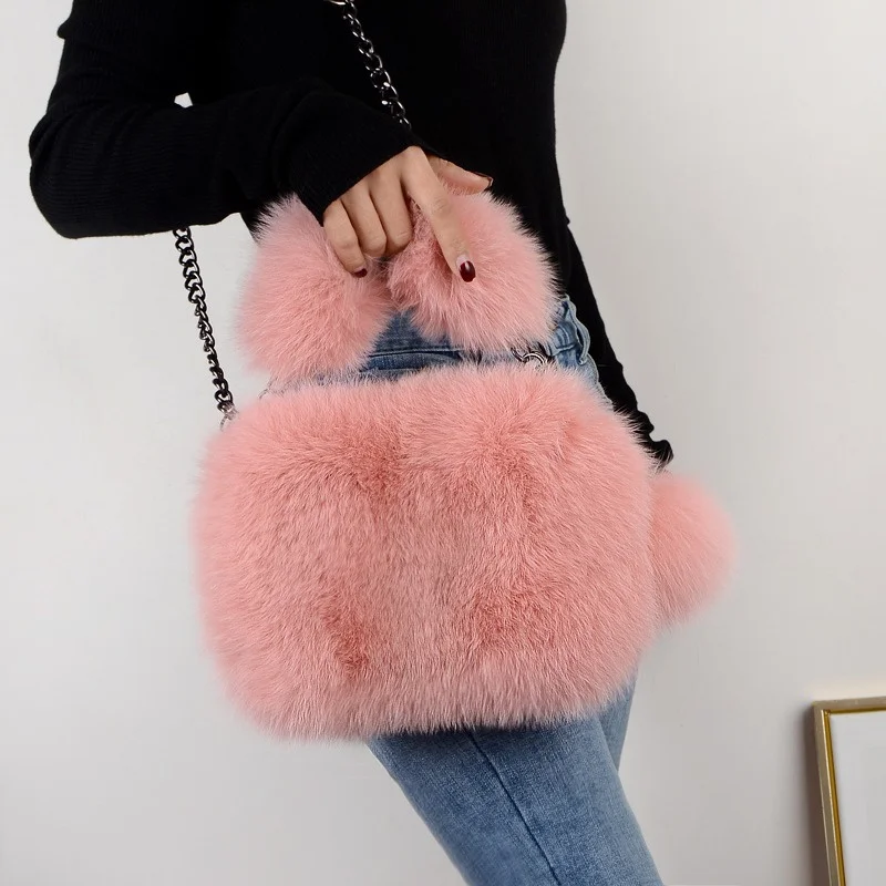 Temperament Women\'s Winter Fur Tote Luxury Fox Fur Fashion Small Square Bag Large Capacity Plush Shoulder Bag