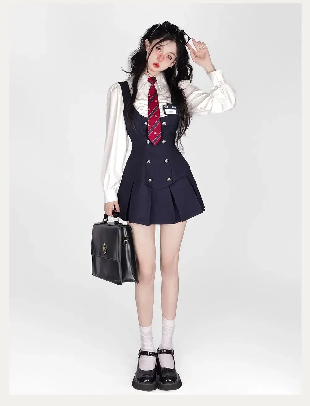 

Autumn Japanese Kawaii School Uniform Women Korean Cute College Student JK Uniform Vintage White Shirt and Strap Dress Sets 2023