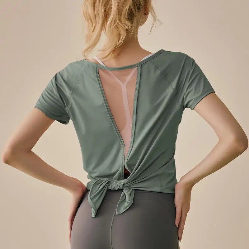 Yoga Shirt Women Mesh Back Split Cross Wrap Fitness T Shirt Short Sleeve Breathable Workout Tops Women Sportswear