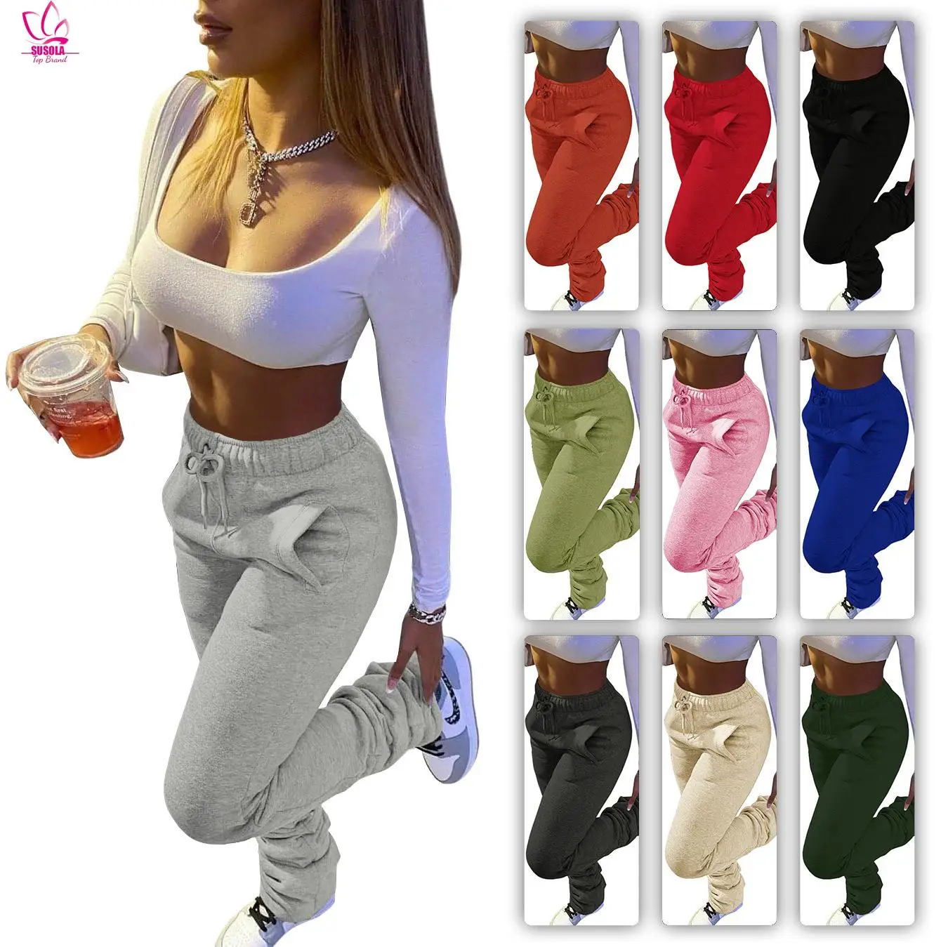 

Stacked Pants Women Solid High Waist Drawstring Bell Bottom Flare Pleated Pants Casual Active Leggings Thick Sweatpants Trousers
