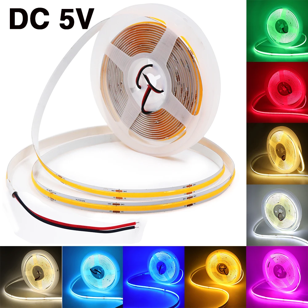 

DC 5V COB Strip 320Leds/M Flexible Ribbon Rope Closet Cabinet Lamp TV Backlight White Pink Red Blue High Density FOB LED Light