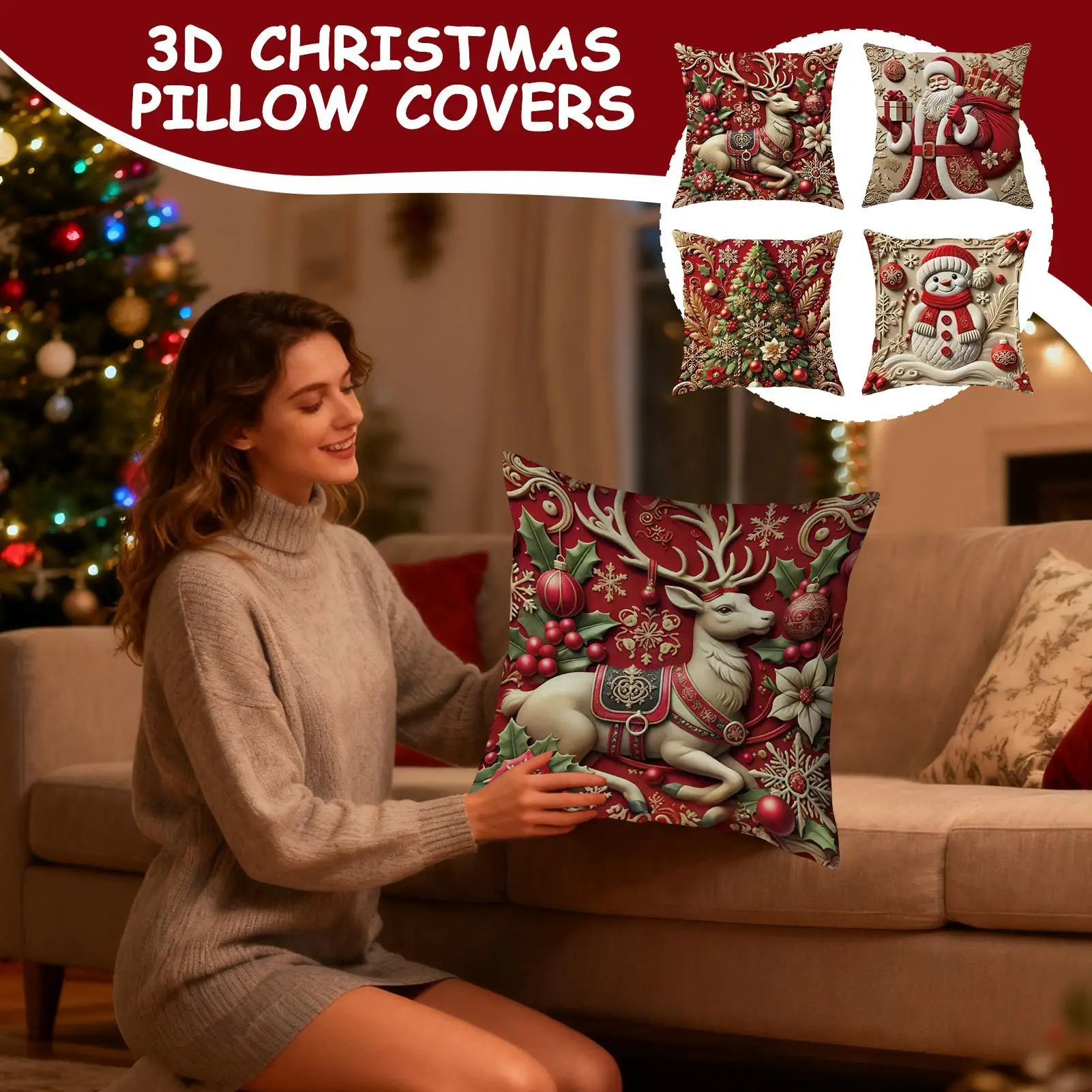 Christmas Pillow Cases 3D Visual Effect Pillowcases Winter Pillow Covers For Holiday Winter Home Bedroom Couch Sofa Porch