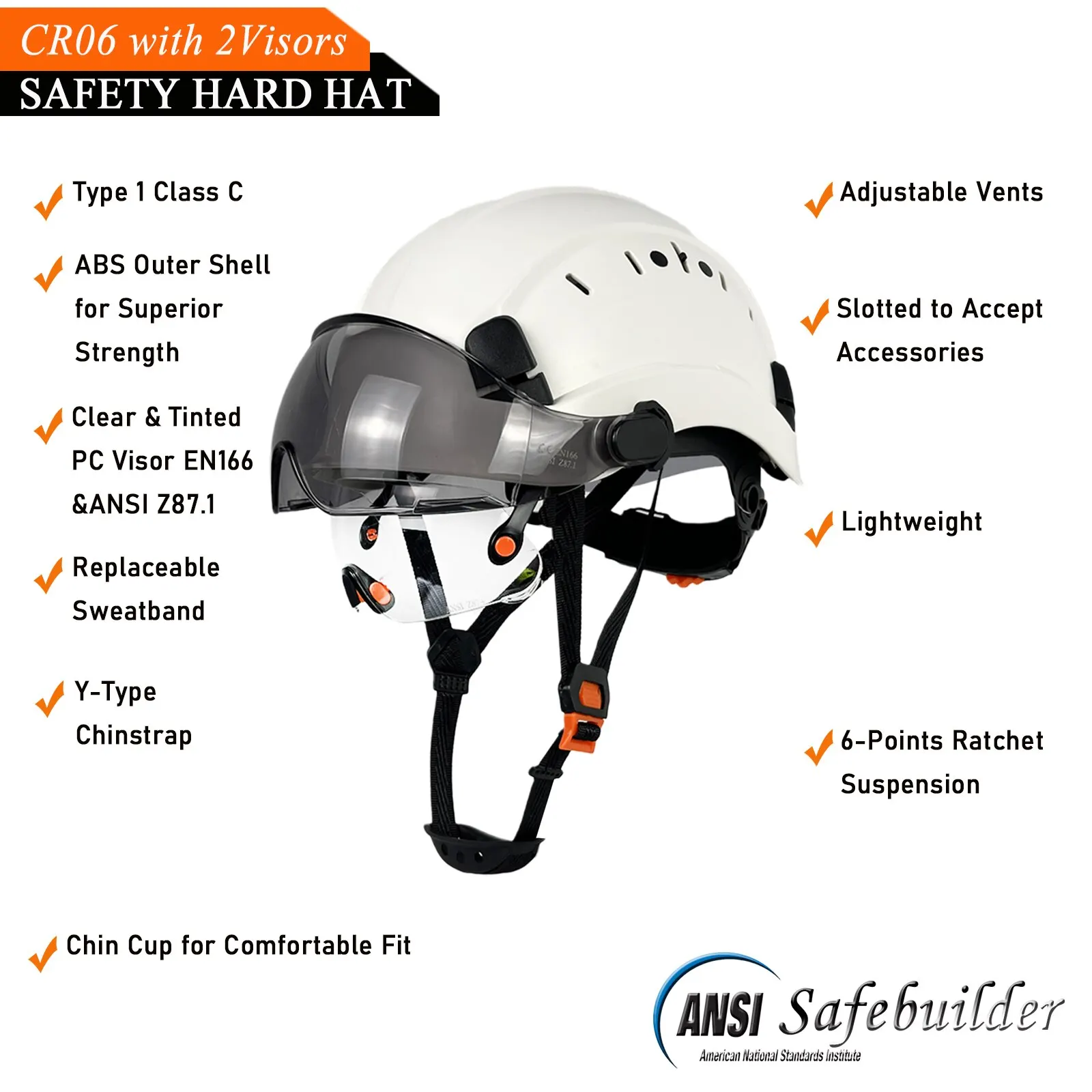Elmetto di sicurezza CE con visiera casco da lavoro in ABS ventilato regolabile trasparente e colorato sospensione a 6 punti approvato ANSI Z89.1