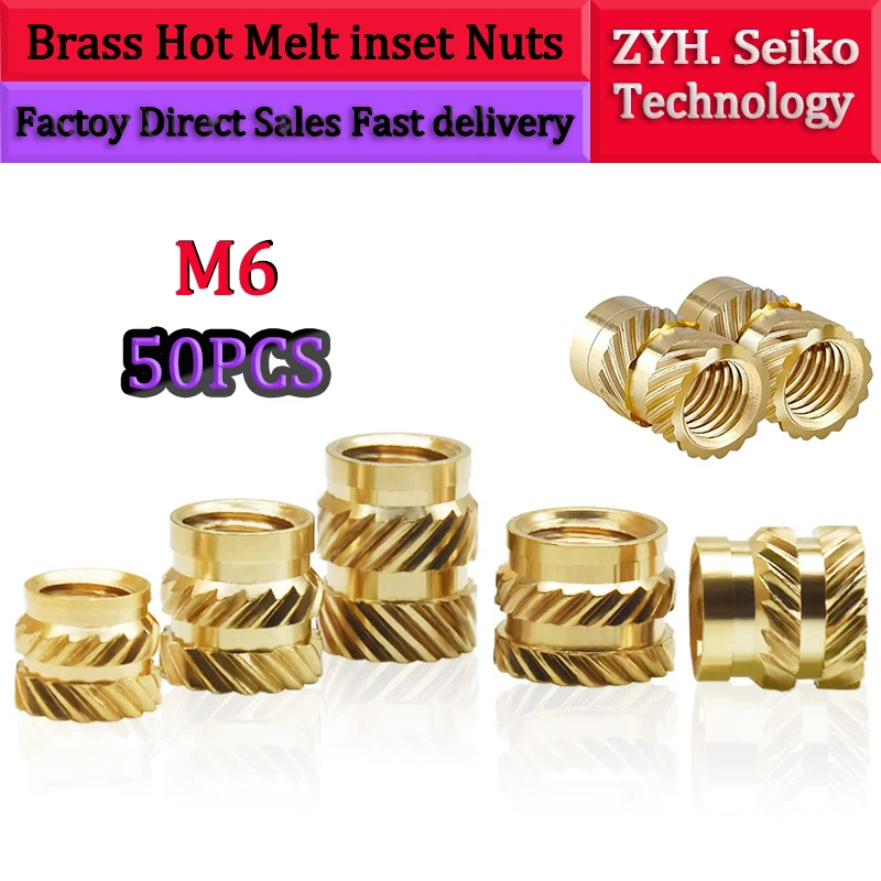 Insert Nuts M6 50pcs Brass Hot Melt Heating Molding Copper Thread Inserts Double Twill Knurled Injection 3Dprinter Components