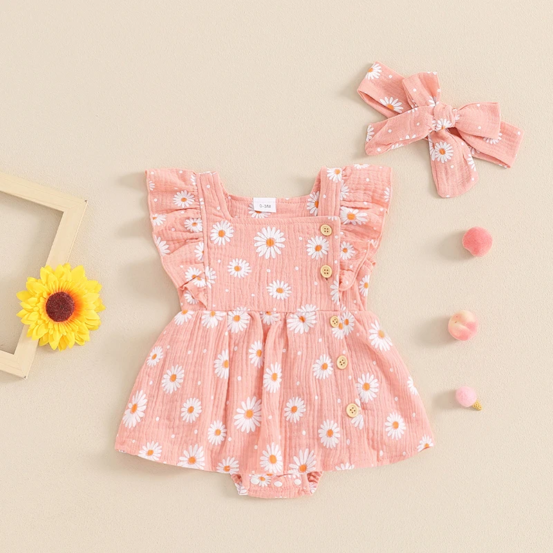 

Newborn Girl Outfit Flower Print Fly Sleeve Romper Dress with Hairband Summer Clothes