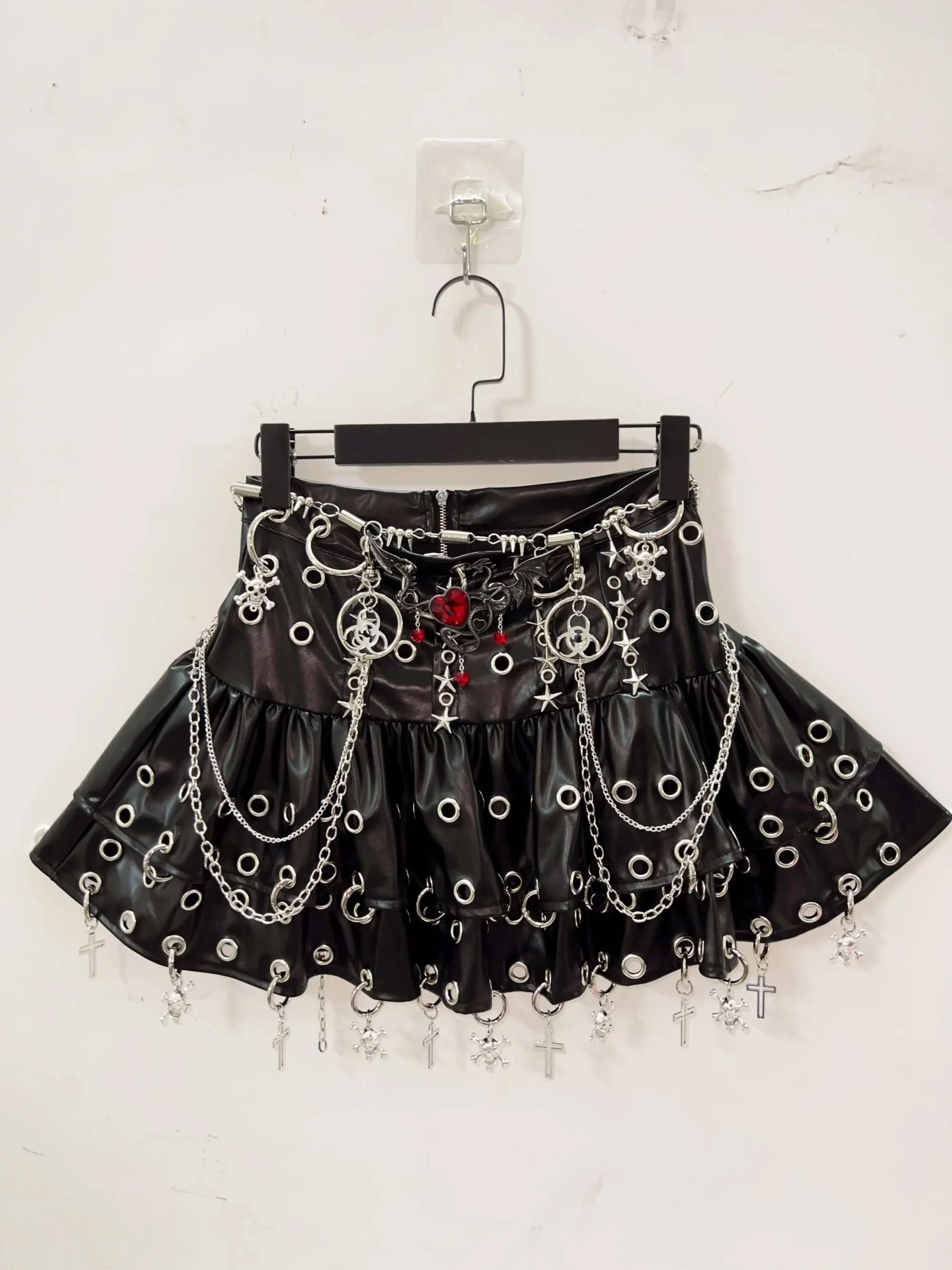 Faux Leather Metal Pendant Chain Skirt 4