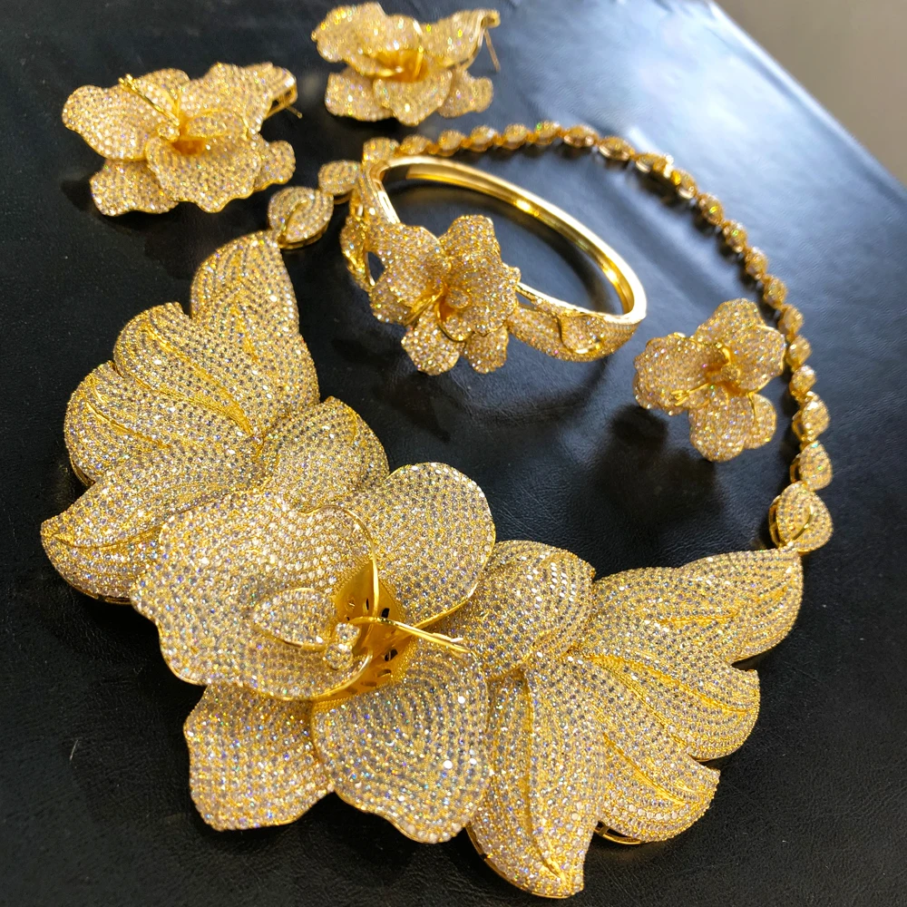 Missvikki Luxury Noble Big Flower Necklace Bangle Earrings Ring 4PCS For Women Bridal Wedding Russia Dubai Party Jewelry Sets