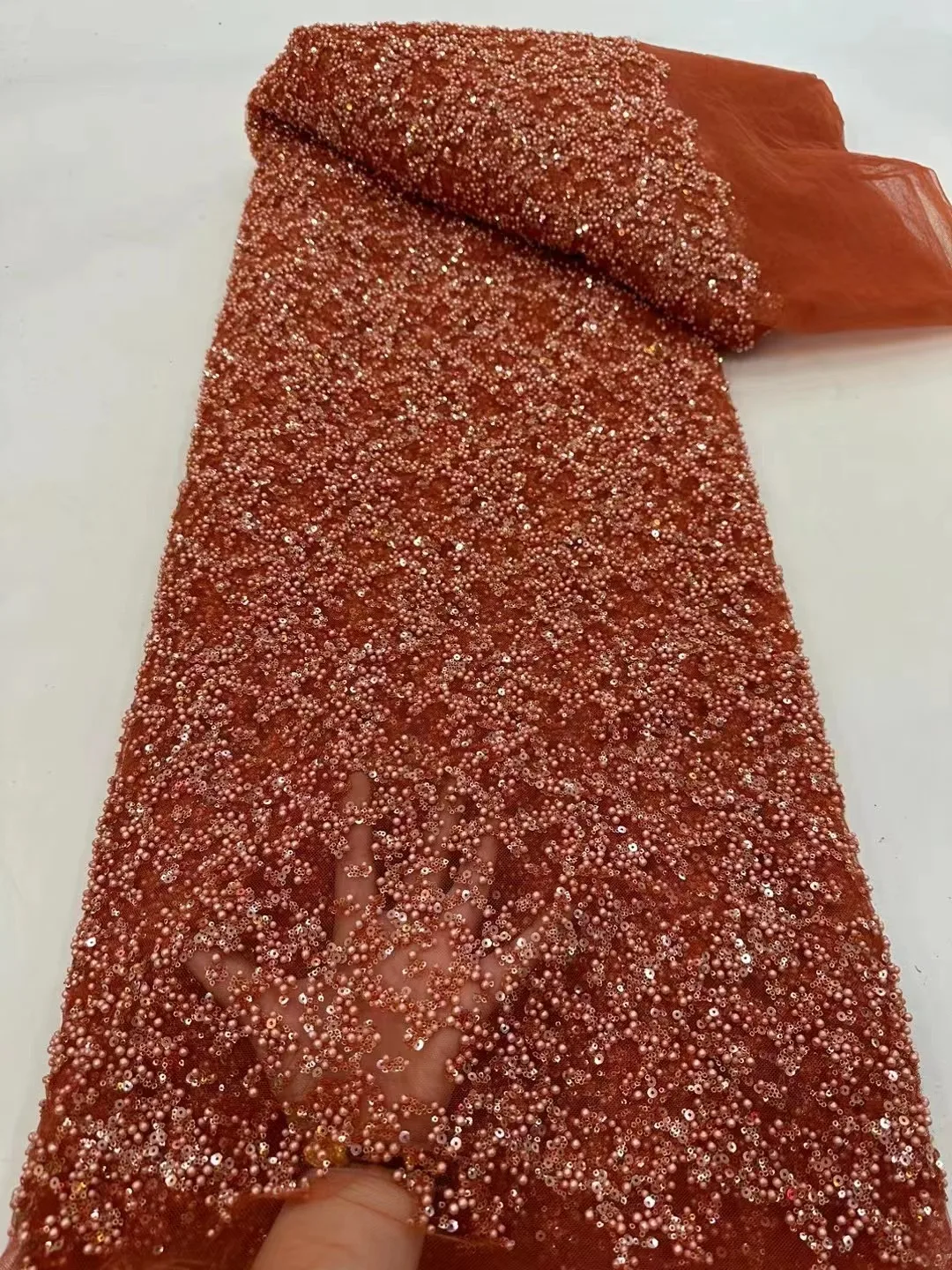 

Peach African Lace Fabric Embroidered Sequins Nigerian Beaded Lace Fabrics 2024 High Quality French Tulle Lace Fabric For Dress