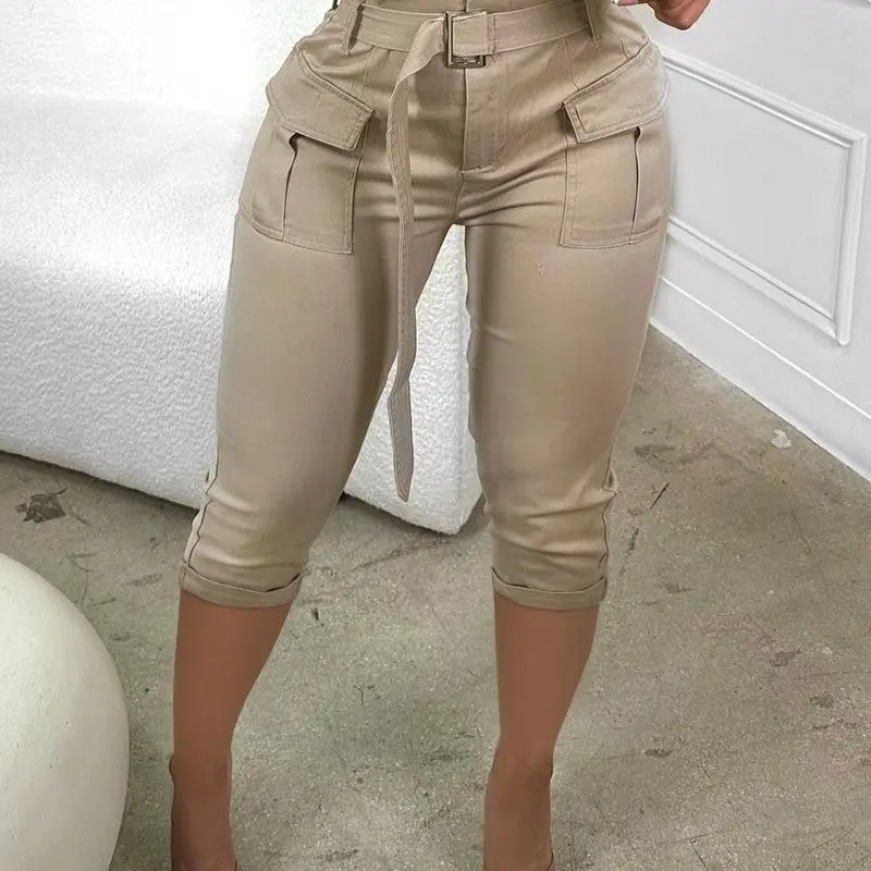 

Pocket Design Paperbag Waist Cargo Pants With Belt Women Solid Color Summer Spring Leggings Pants