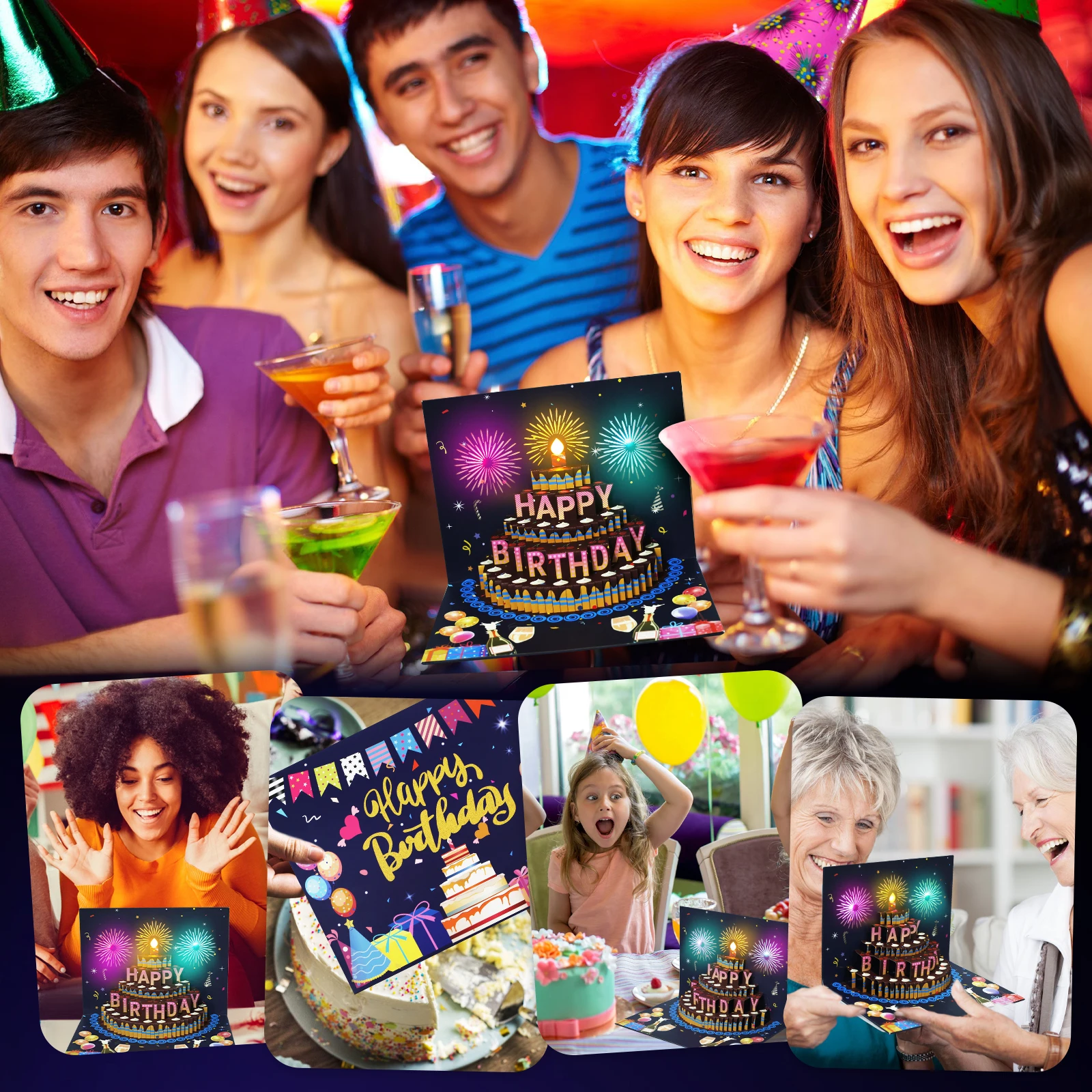 3D Light Music Birthday Card Pop Up Cake Creative Greeting Card Firework Cards Happy Birthday Party Girl Wife Gift Message Cards