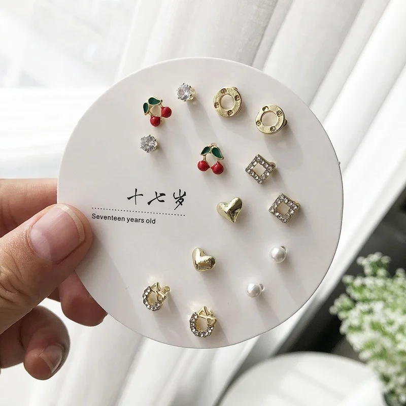 Pearl Stud Earrings Bow Knot Silver Earrings S925 Delicate Heart 7 Pairs Women Girls Jewelry Gifts
