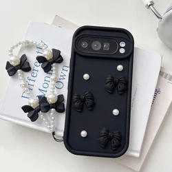Elegant Bowknot Faux Pearl Chain Phone Case with Short Strap Lanyard - Pixel 7 Pro (Black taiJie)