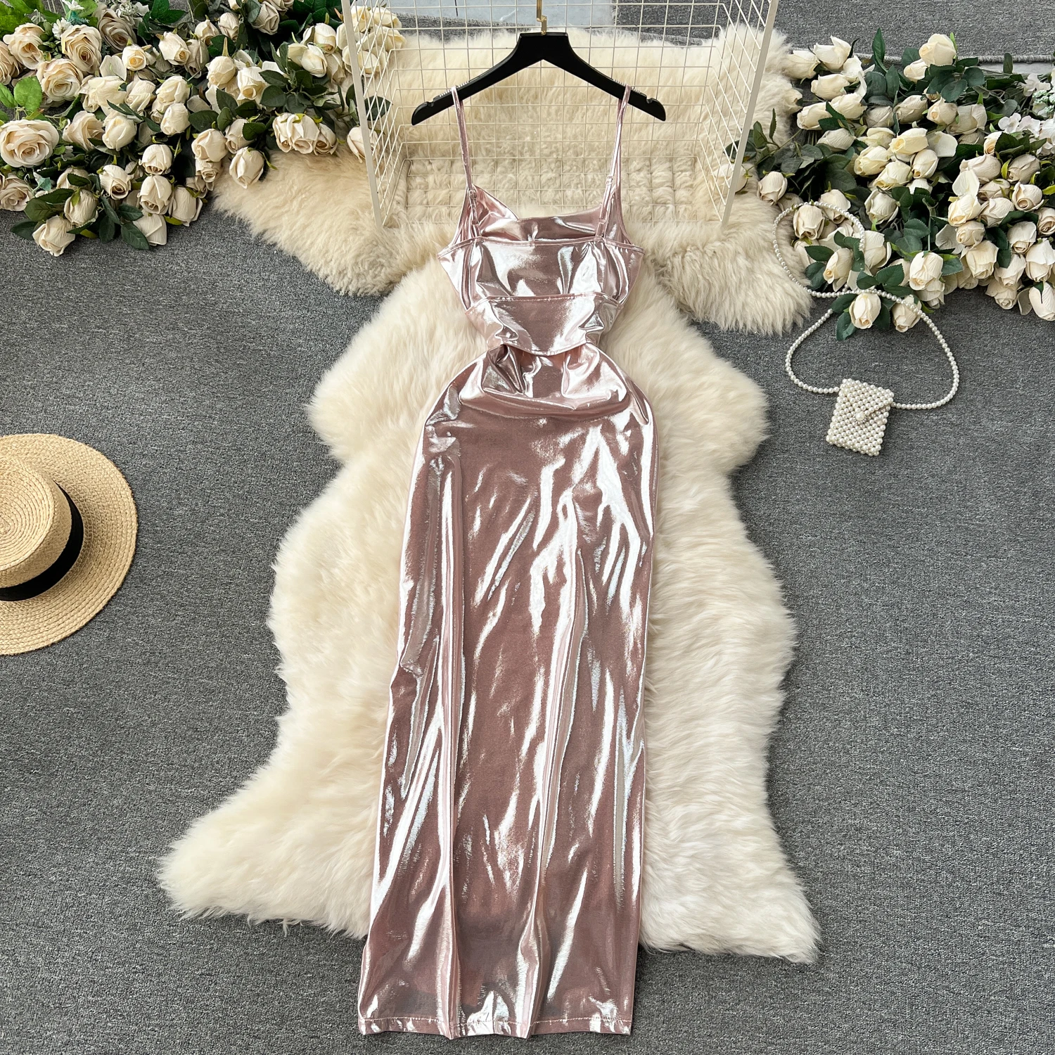 Light Luxury Sexy Slip Dress Temperament Pink Shining Party Dress 2025  Summer New Women Bandage Slimming Long Dresses - AliExpress, image size:1500x1500